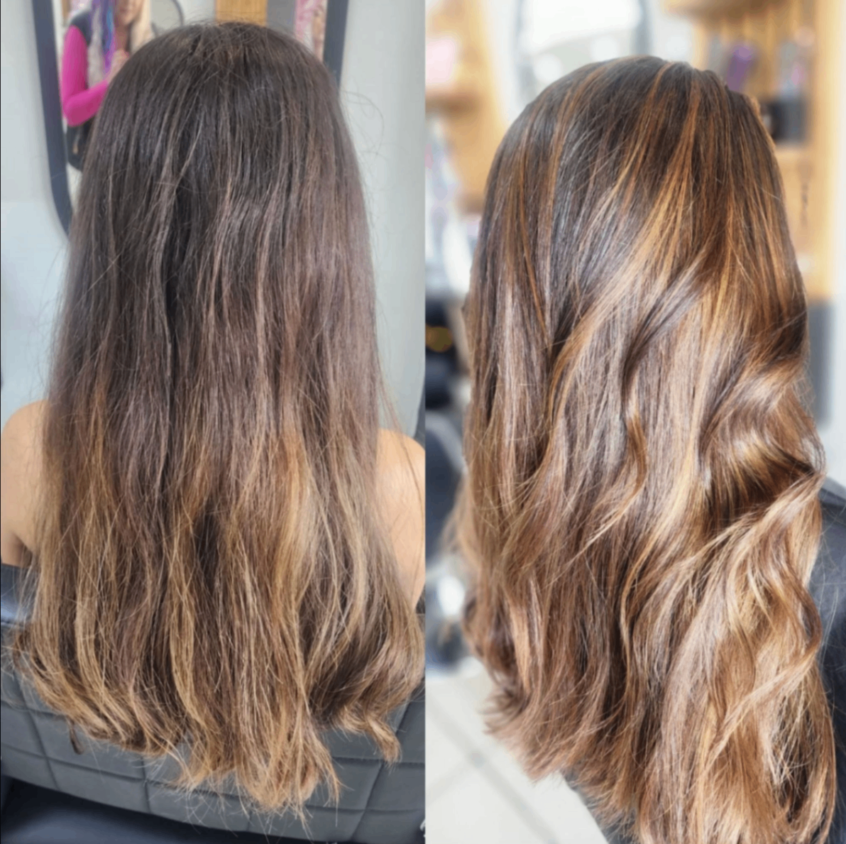 Warm caramel balayage — before & after transformation at Belle Vee