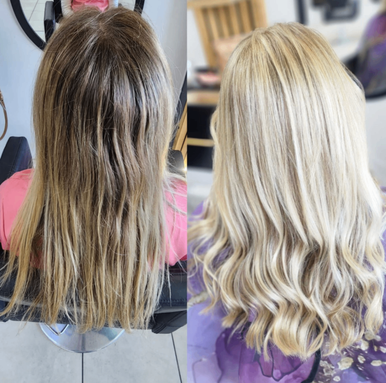 Bright blonde highlights — before & after transformation at Belle Vee