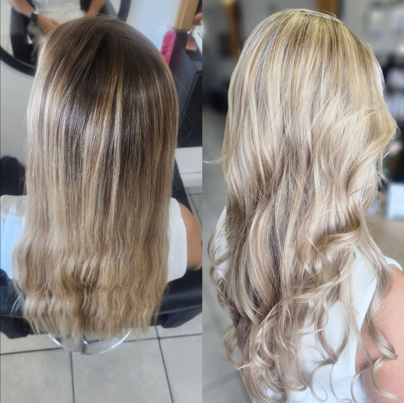 Bright blonde highlights with soft waves — before & after at Belle Vee