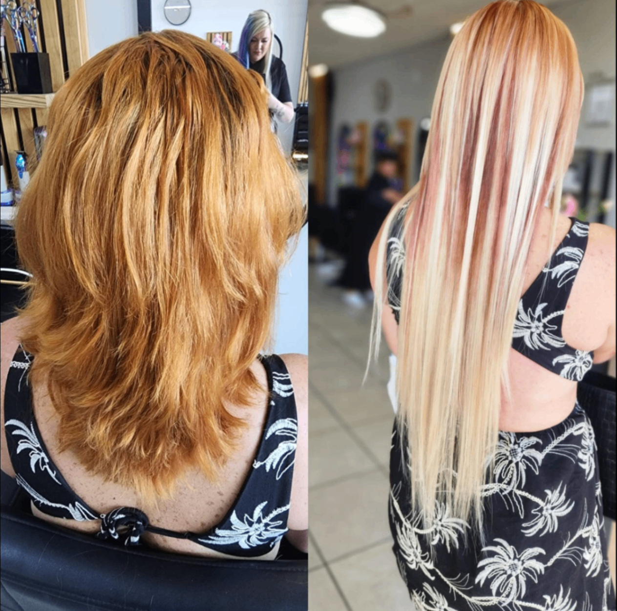 Long strawberry-blonde hair extensions — before & after at Belle Vee