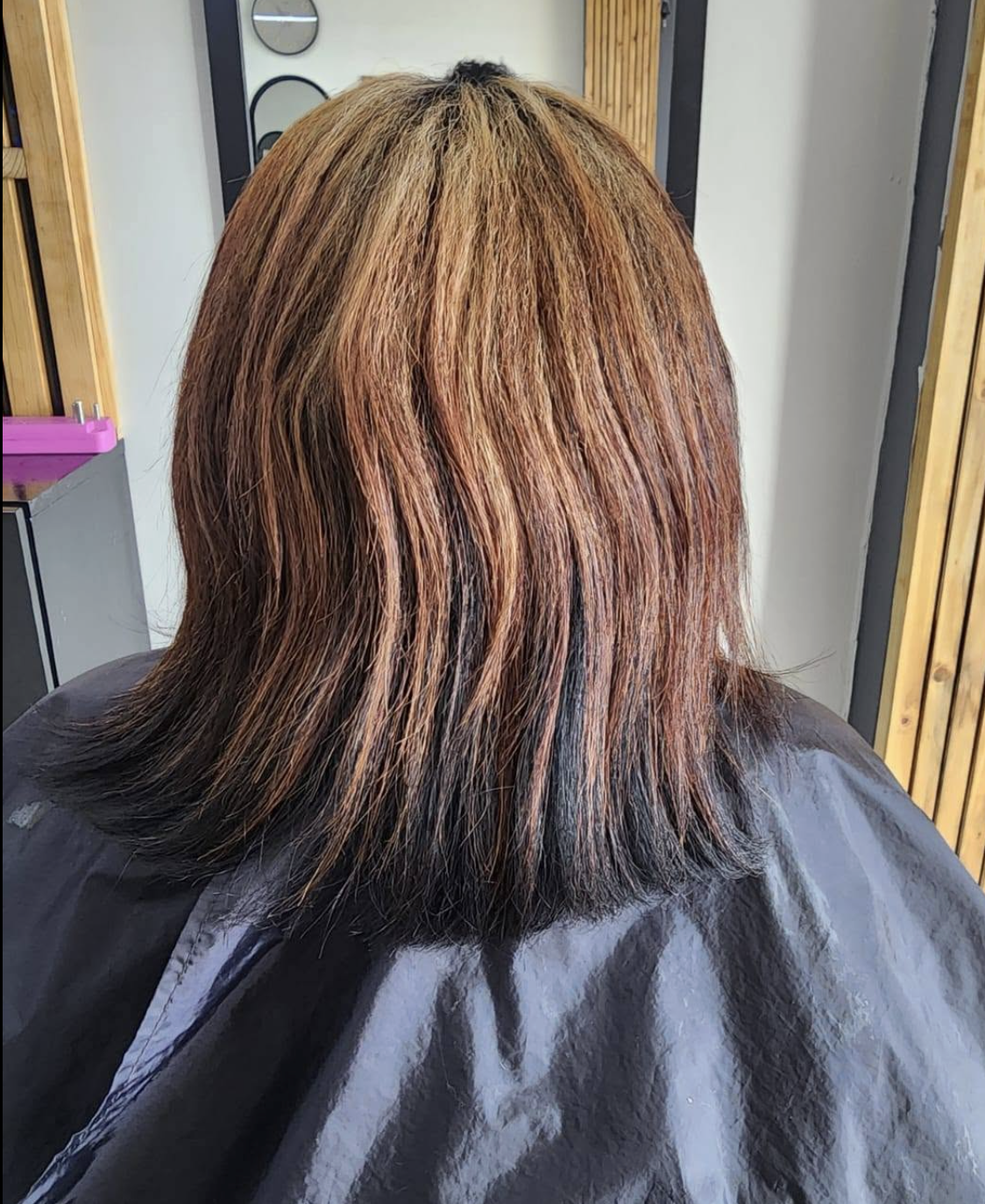 Warm brunette with honey-caramel highlights after colour at Belle Vee
