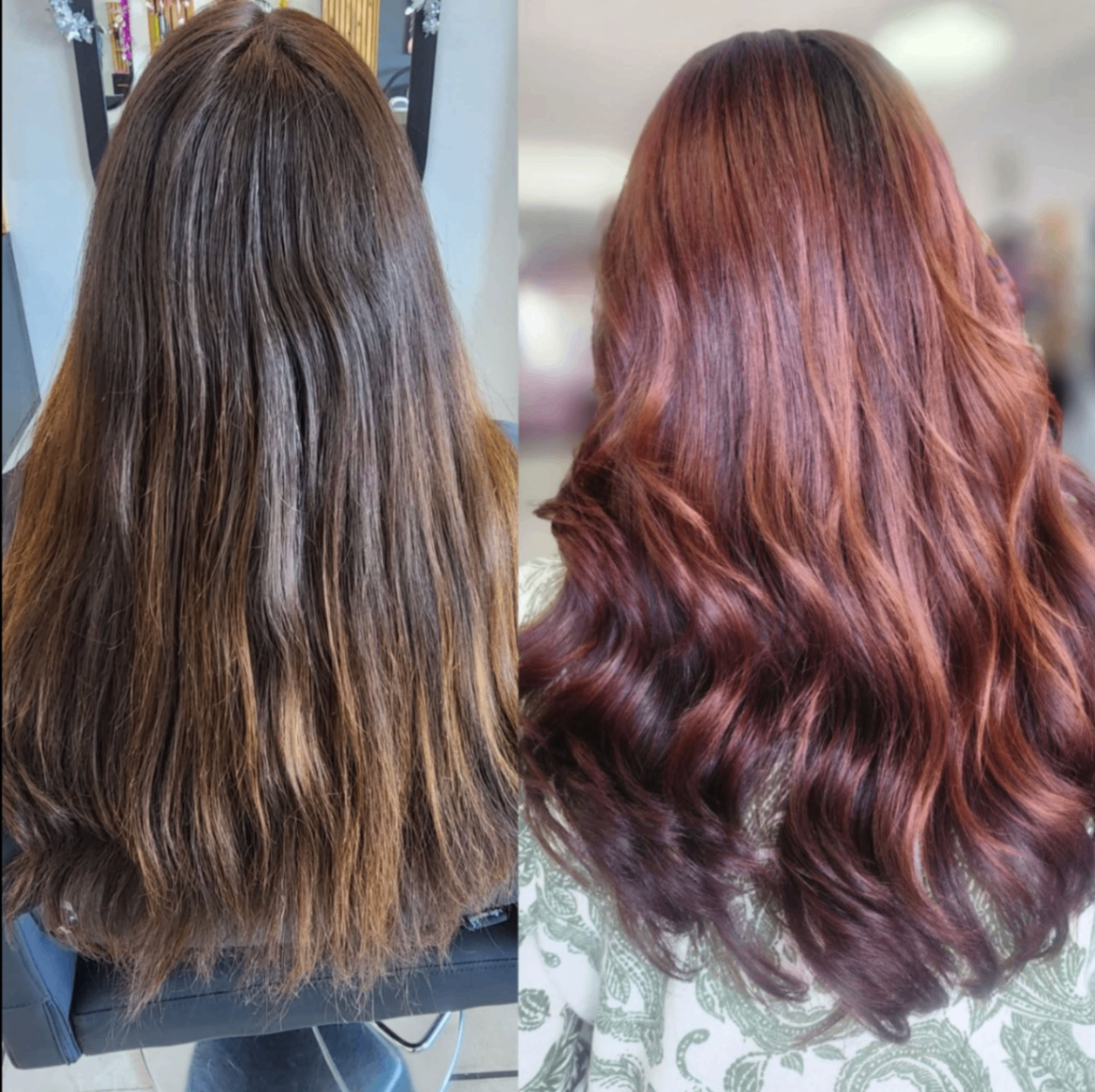 Rich auburn copper waves — before & after at Belle Vee