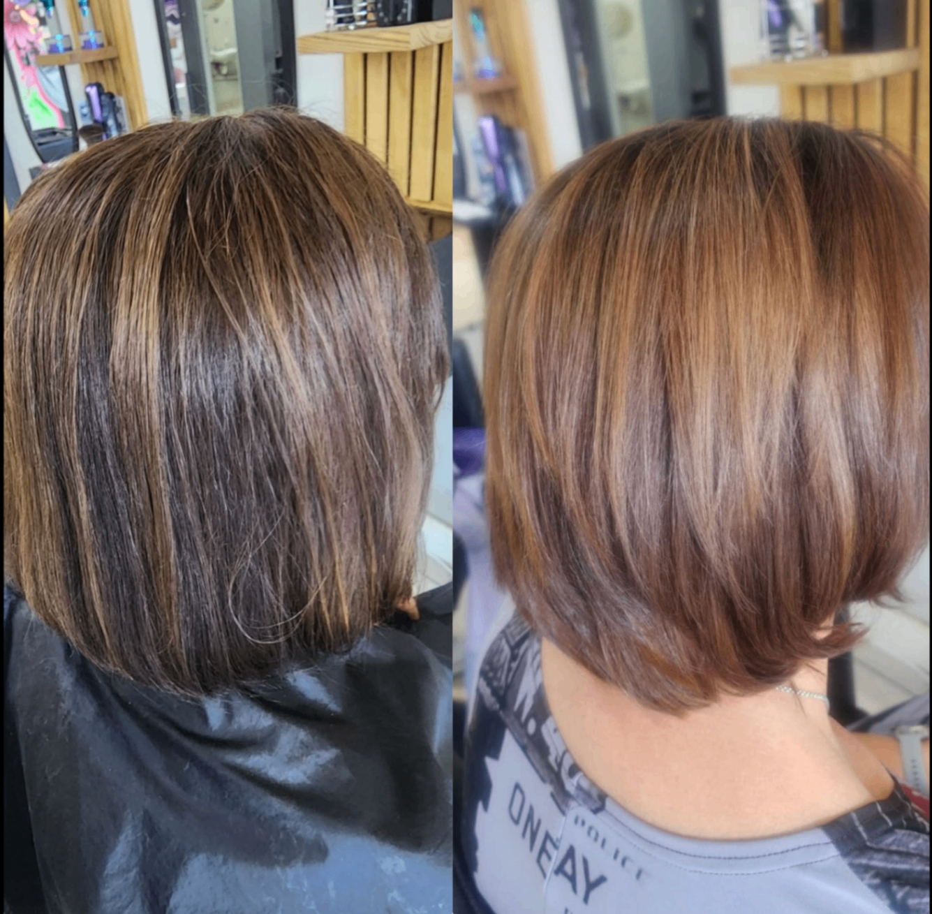 Caramel glossy bob — before & after at Belle Vee