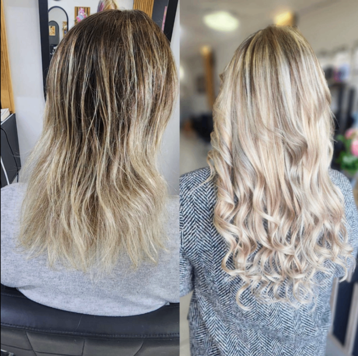 Icy pearl blonde curls — before & after at Belle Vee